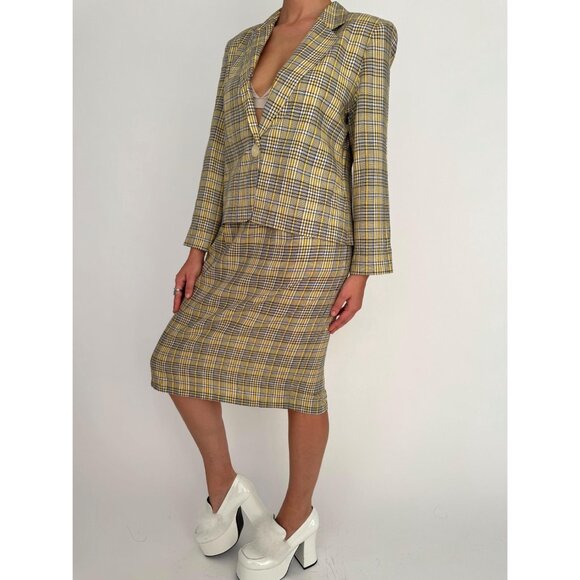 90s vintage yellow tartan plaid Clueless blazer pencil skirt matching suit set - Picture 2 of 9